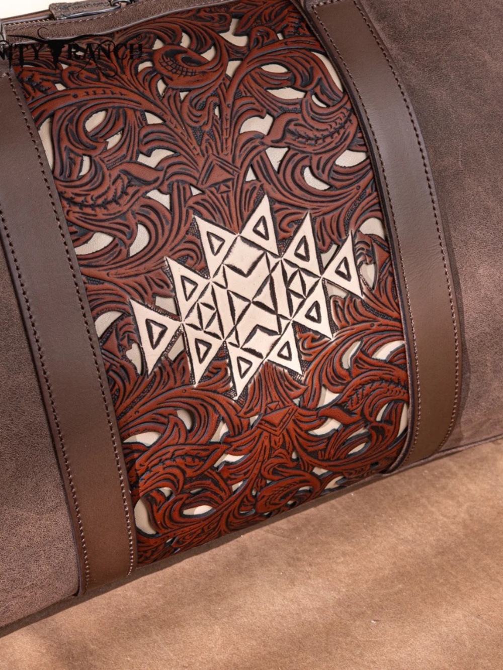 Trinity Ranch Floral Aztec Tooled Collection Weekender Bag Coffee - Picture 3 of 8